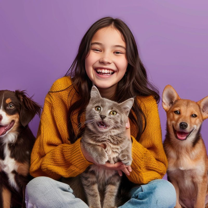 une-fille-avec-deux-chien-et-un chat